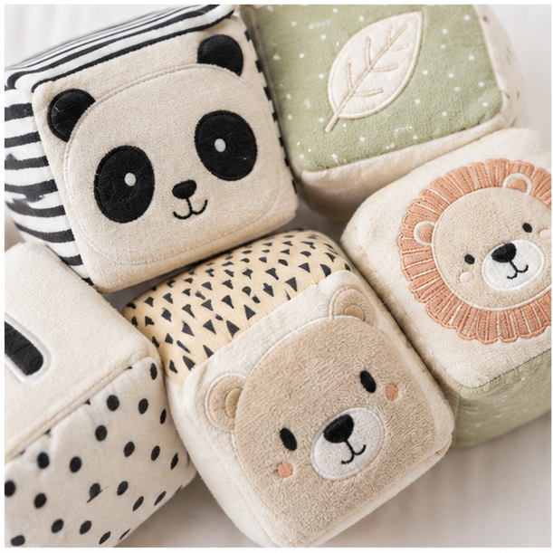 Close view of soft cube fabrics patterns and seams