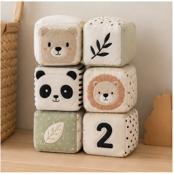 Six soft sensory cubes stacked in nursery