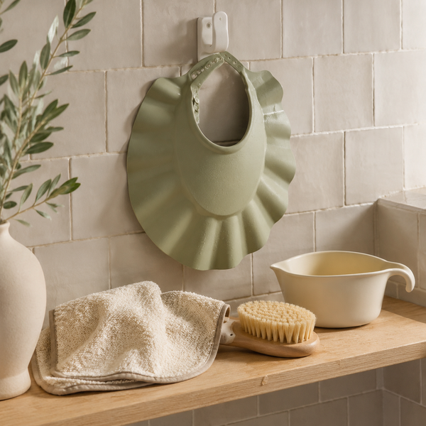 Sage shampoo rinse cap hanging dry with bath accessories
