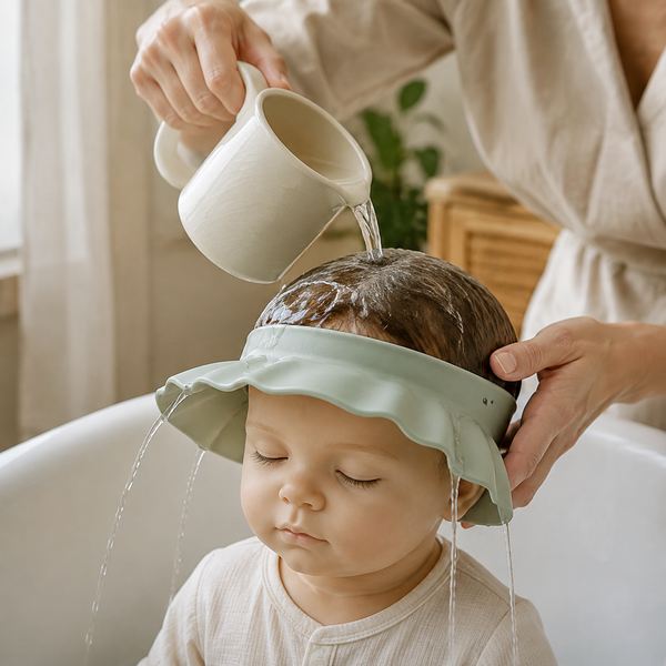 Adult using the rinse cap to guide water away from a toddler's face