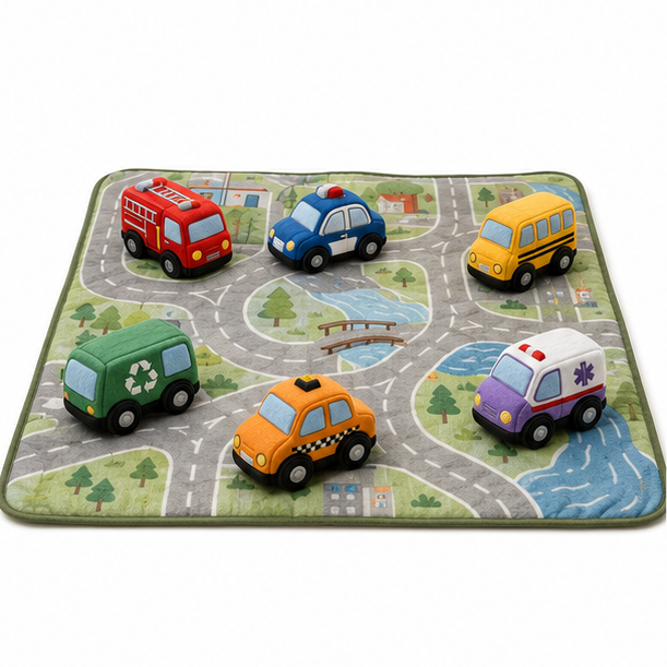 Six soft vehicles on the fold-out road play mat