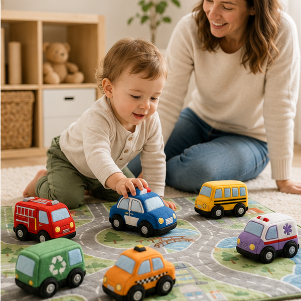 Toddler playing with six soft vehicles under adult supervision