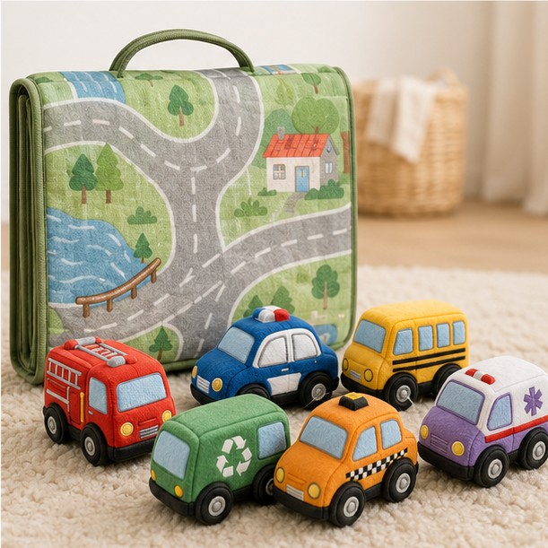 Folded road play mat storage bag with six soft vehicles