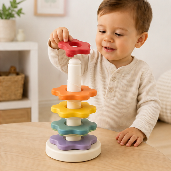 Toddler placing a colorful disc on the spinning stack tower