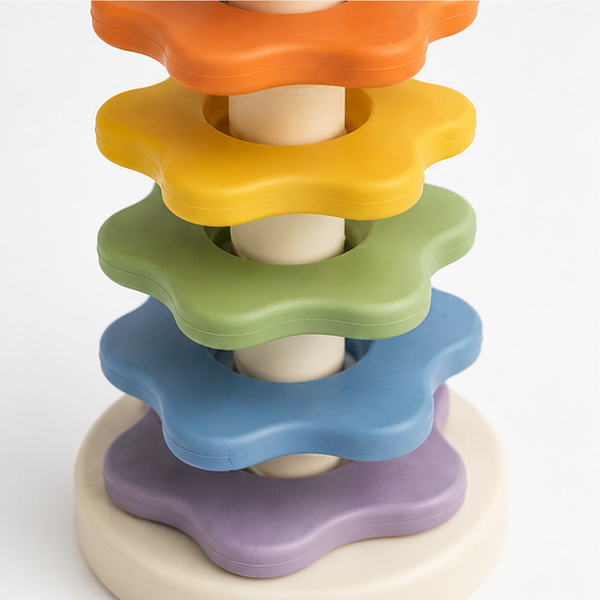 Close view of rounded discs and spiral stacking post