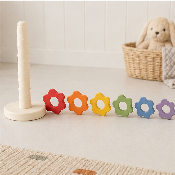 Tower base and six rainbow discs arranged by color