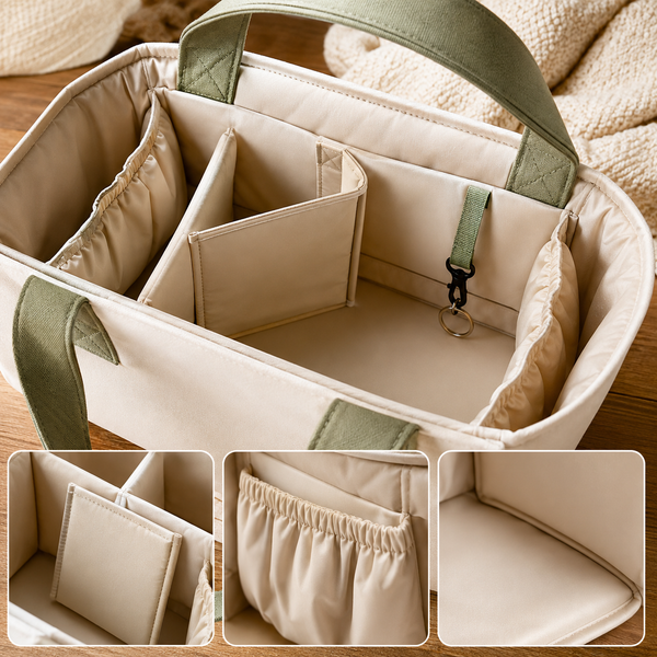 Close-up of dividers, elastic pockets, handles and structured base