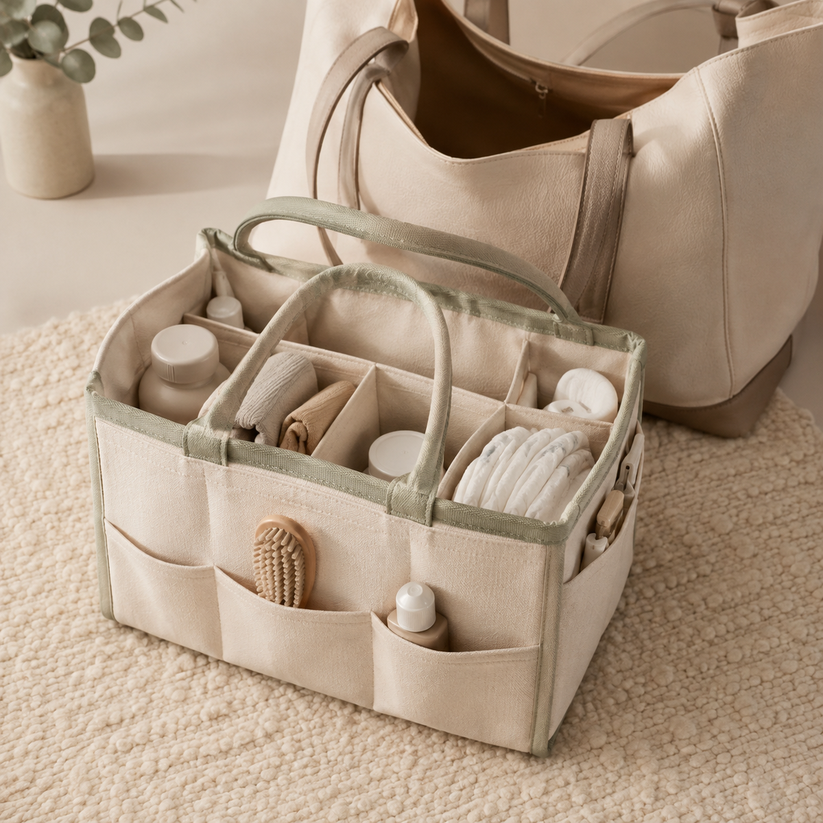 Cream and sage structured diaper bag organizer insert beside a tote