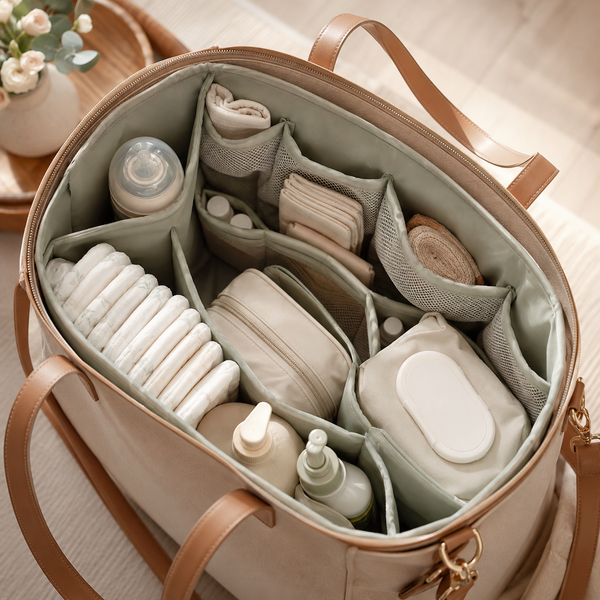 Organizer insert fitted inside a tote with diapering essentials