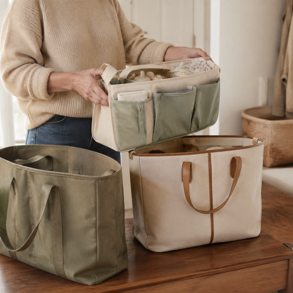 Adult moving the organized insert between two tote bags