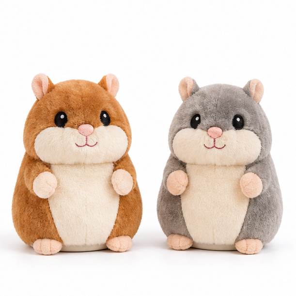 Interactive talking hamster plush in brown and gray