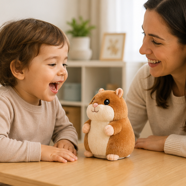 Child speaking to brown talking hamster with adult nearby