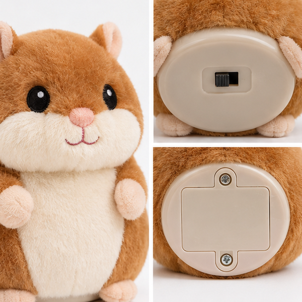 Talking hamster plush details and screw-secured battery compartment