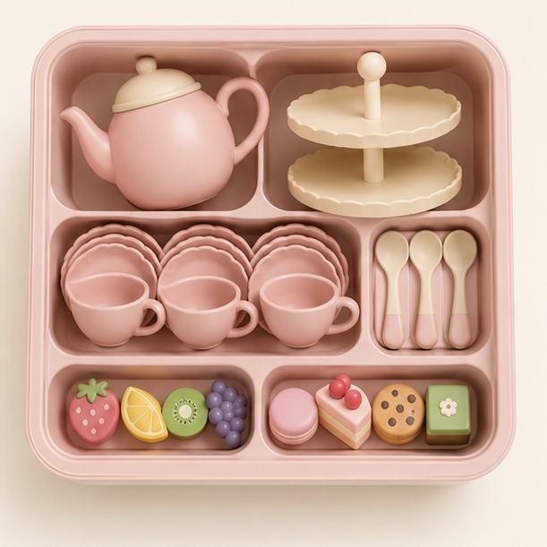 Pretend tea set organized for storage