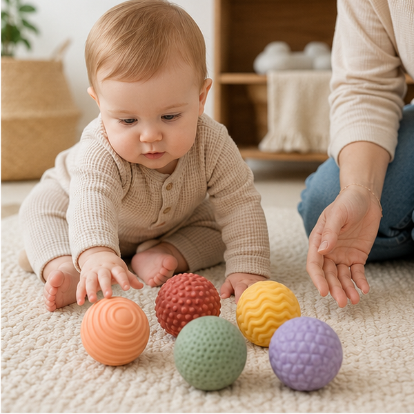 Baby reaching for textured sensory balls under adult supervision