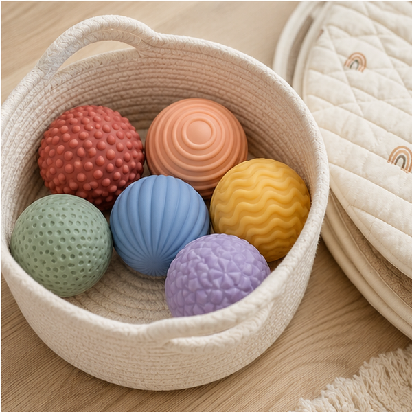 Six soft sensory balls stored in nursery basket