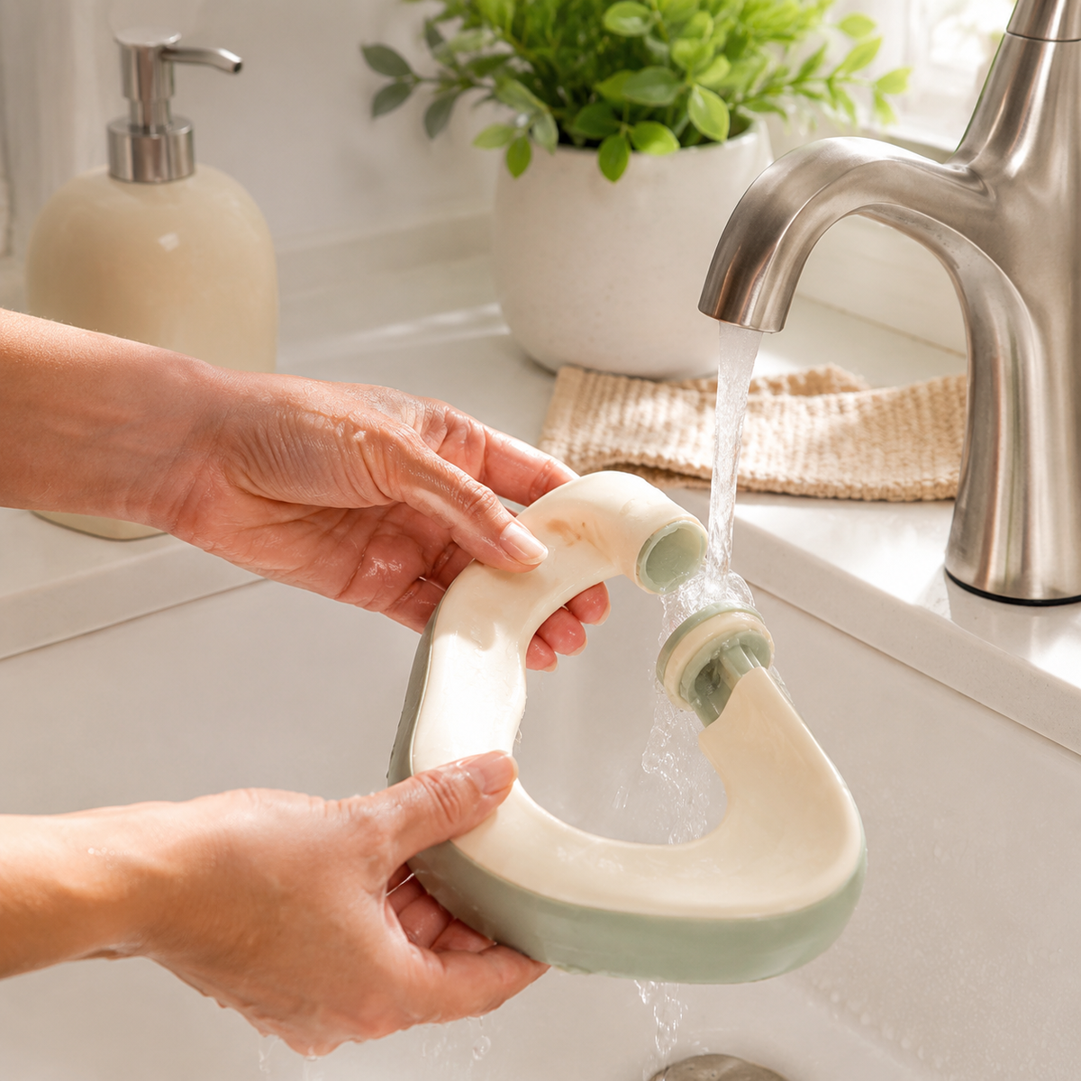 Adult hands removing and rinsing the faucet extender