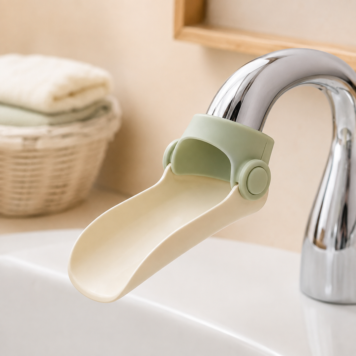 Close-up of faucet extender securely fitted to a curved tap