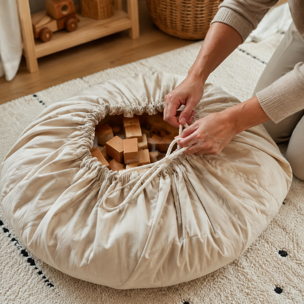 Adult hands gathering the toy playmat into a storage bag