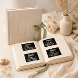 Oatmeal linen ultrasound album shown open and closed