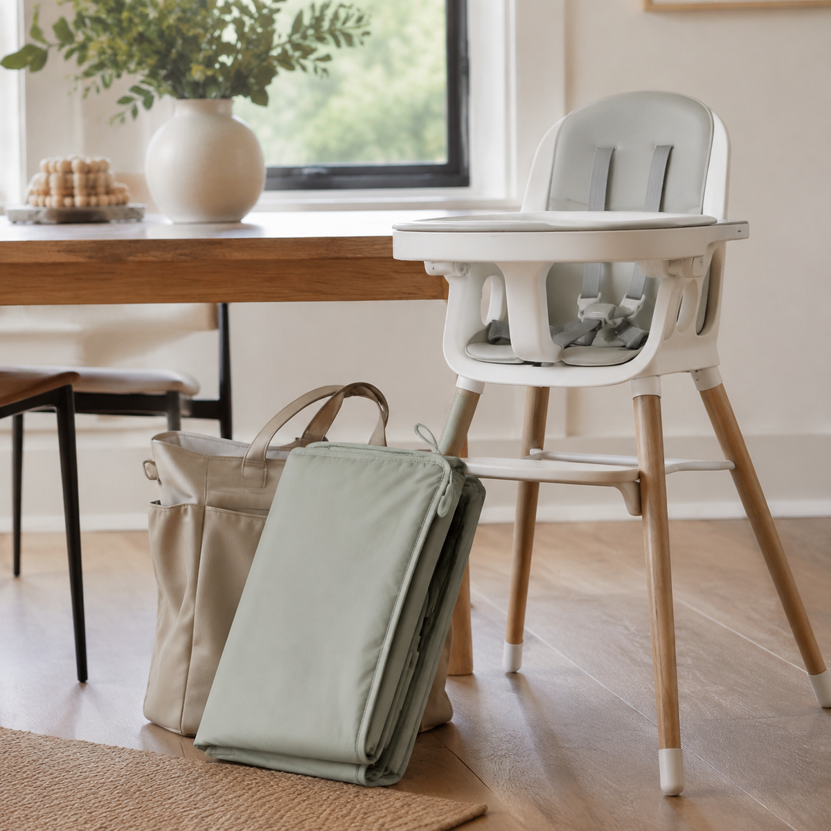 Splat mat folded compactly beside a high chair and diaper bag