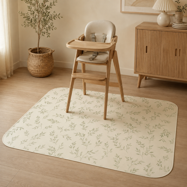Sage leaf waterproof splat mat beneath a wooden high chair