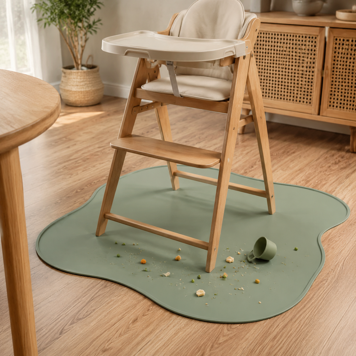 Waterproof high-chair mat catching food crumbs and a tipped cup