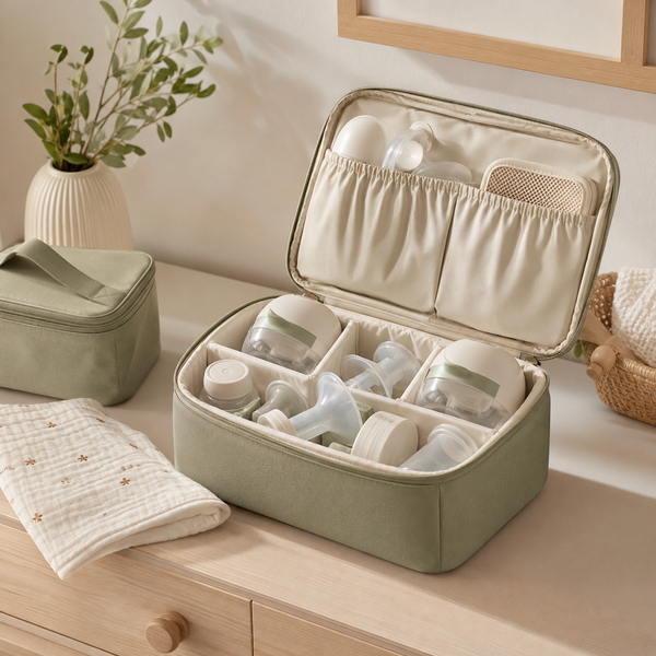 Structured pump carry case organizing breast pump parts on a nursery dresser