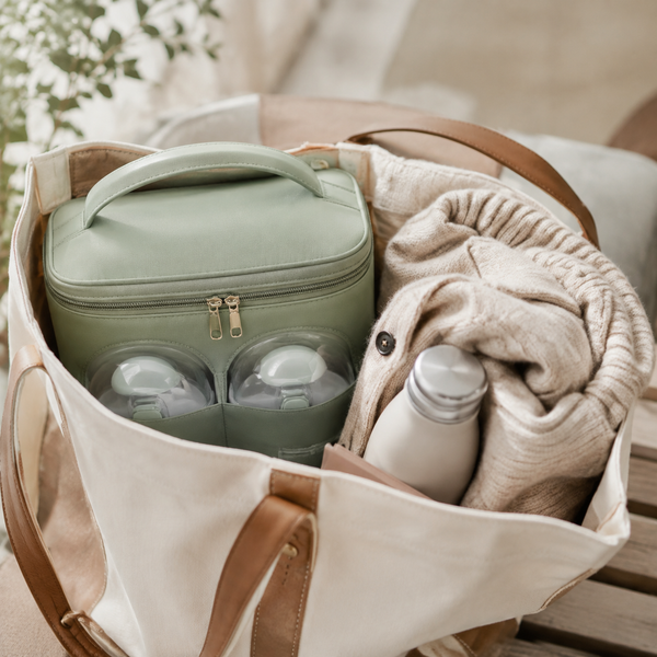 Sage wearable pump carry case packed in a neutral travel tote