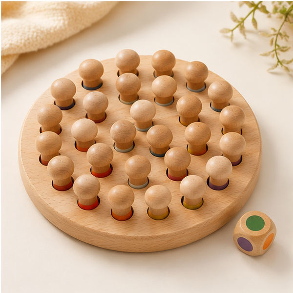 Wooden color memory peg game with color die