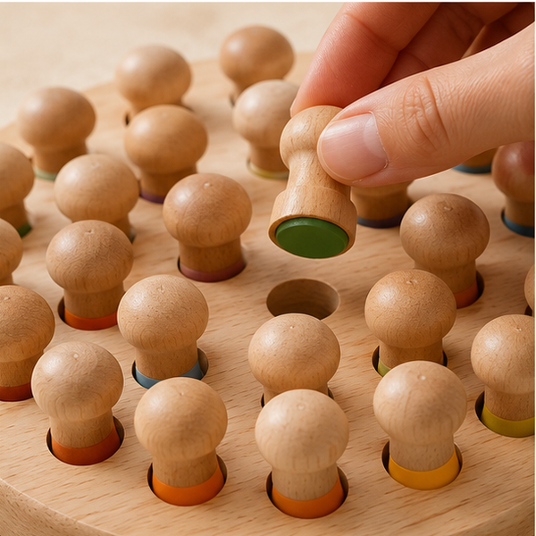 Close-up of a lifted wooden peg revealing its color