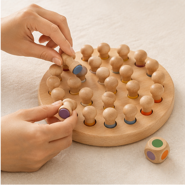 Adult hands playing the wooden memory matching game
