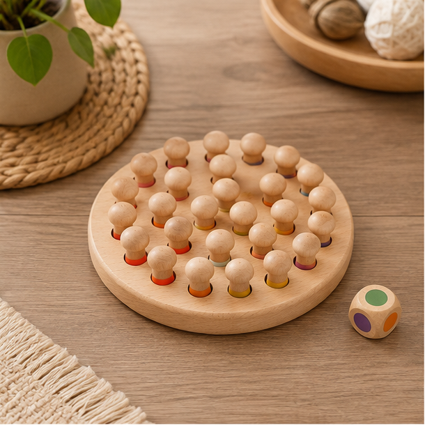 Wooden color memory peg board on a family activity table