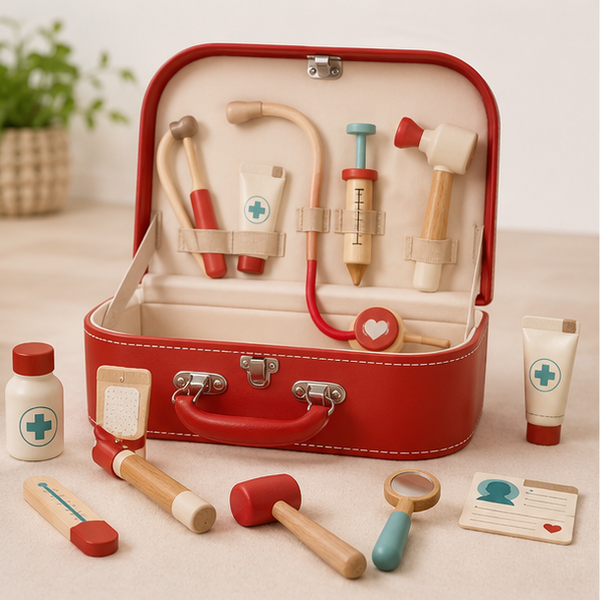 Wooden pretend doctor set in a red handled case