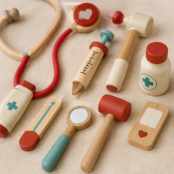 Close-up of the wooden pretend medical play pieces