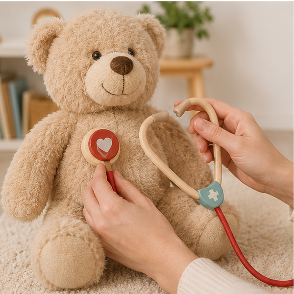 Adult hands using the toy stethoscope on a teddy bear