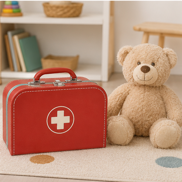 Closed red doctor play case beside a teddy bear