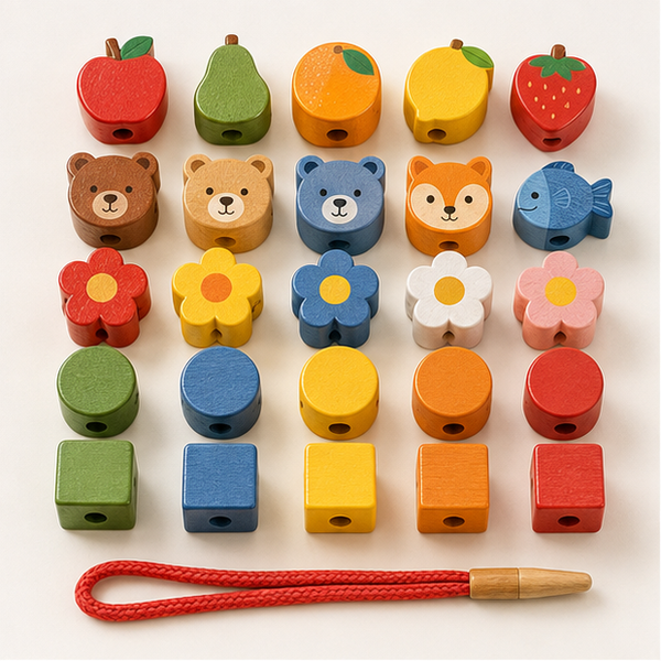 26-piece wooden lacing bead activity set with red cord