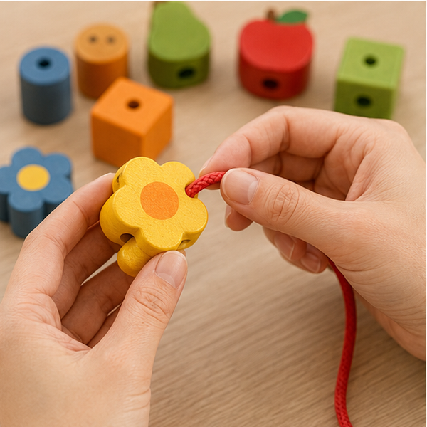 Adult hands threading a wooden flower bead