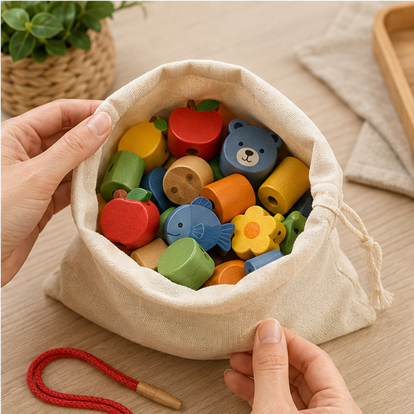Wooden lacing beads and storage pouch on an activity table